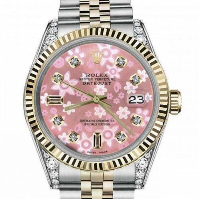 ROLEX DATEJUST 36 MM PINK FLOWER BAGUETTE DIAL DIAMOND LUGS TWO TONE WATCH