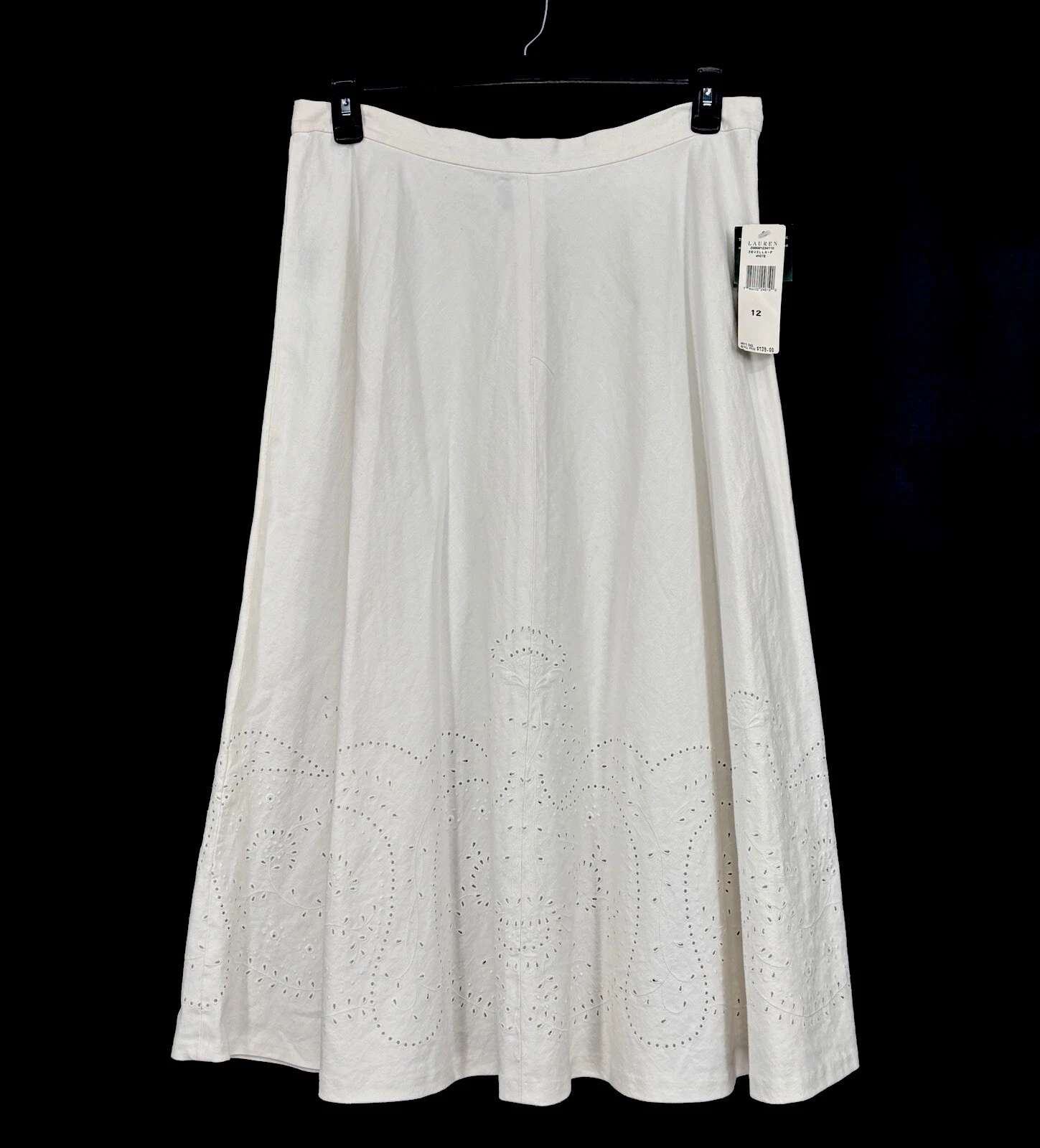 Lauren Ralph Lauren Sevilla White Eyelet Linen/Cotton Blend Maxi Skirt Sz 12 NWT