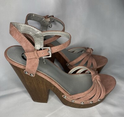 Guess Rose Blush Pink Suede Chunky Heel Sandals 8M Wooden 5” Heel Boho Open  Toe