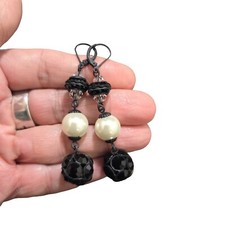 Women's Crystal White Faux Pearl Black Plated Lever Back Earrings