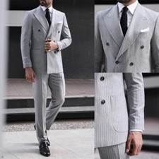 Groom Wedding Grey Striped Suits For Men Business Peak Lapel Double Breasted