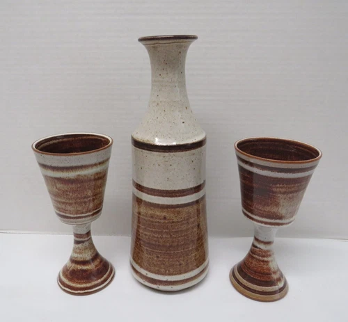 Vintage DENEEN Studio POTTERY Minnesota Gray & Brown Glaze Wine Carafe & Goblets