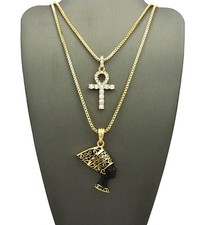 Egyptian Ankh Cross, Nefertiti Pendant 18",20",24" Box Chain Necklace Set RC1901