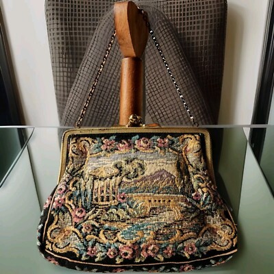 Victorian Style West Germany Purse Handtasche Walborg Floral Tapestry Bronze Chain