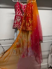 Indian Women's 3-Piece Sharara Outfit. Pink and multicolored! With Extra Fabric
