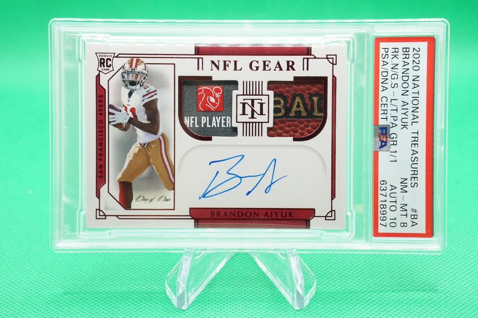 Brandon Aiyuk Panini National Treasures Rookie NFL Gear Signatures Combos #BA Laundry Tag Brand Logo 1/1