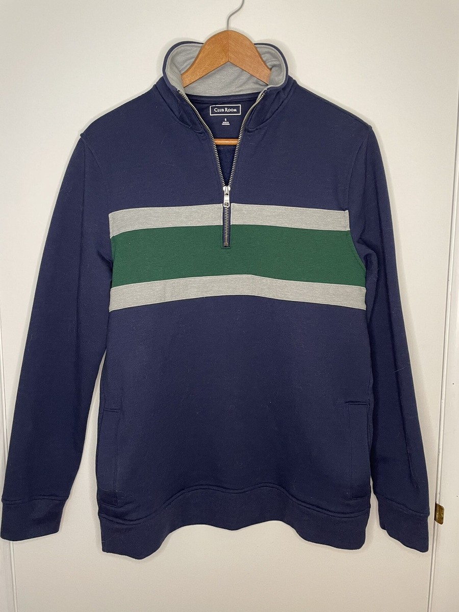 CLUB ROOM Sweater Small 1/4 Zip Striped Navy Green Mock Neck EUC