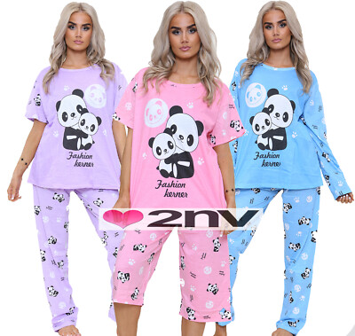 Ladies Pyjama Set Cotton Rich Long Short Sleeve Cozy PJ Loungewear  Nightwear Set