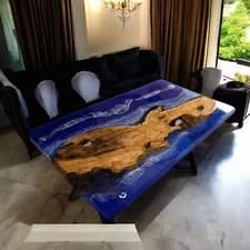 Ocean Wave Blue Epoxy Resin Dining Table Top Handmade Housewarming Furniture Dec