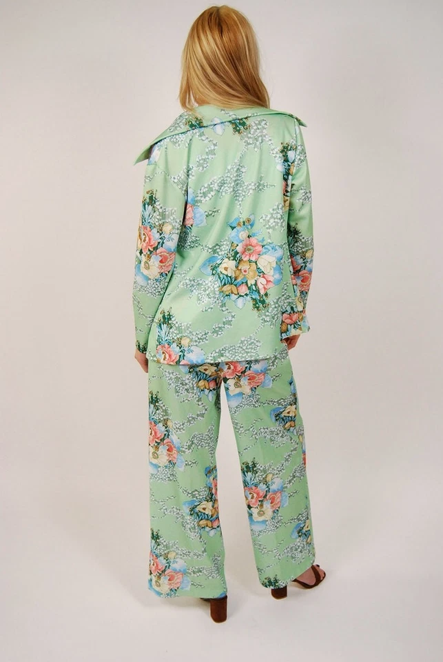 Conjunto de 3 piezas (M) pantalones florales verdes vintage años 60 camiseta sin mangas mediano pastel palazzo Foto 3 de 4