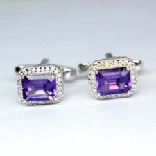 Classic Emerald Cut Purple  White Gemstone Special Men's Fantastic Cuff Links