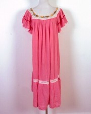vintage 60s 70s Pink Gauze Crochet Floral Caftan Dress Mumu Hippie Boho Plus OS