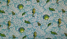 MILL CREEK KITTERY AQUA BLUE SEAHORSE SEASHELL OUTDOOR FABRIC BY THE YARD 54"W