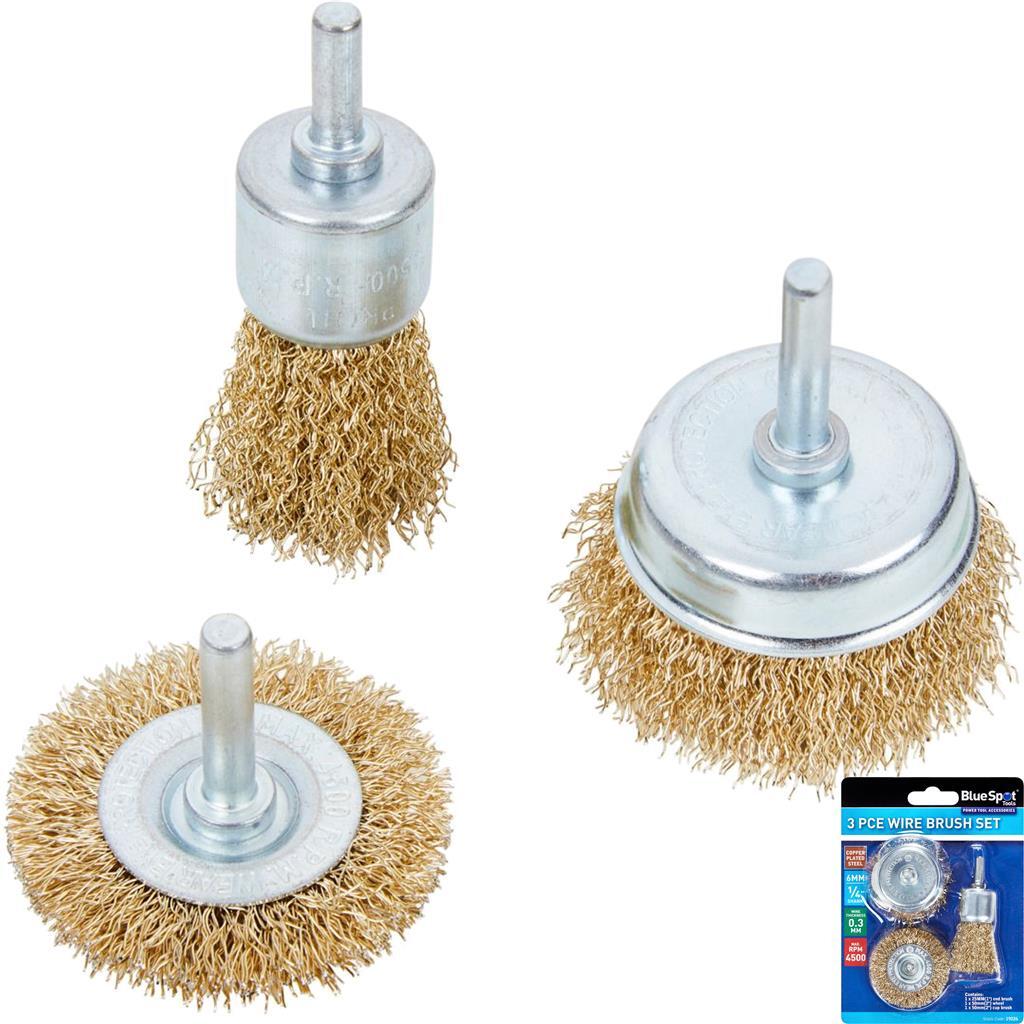 Bluespot 3pc Rotary Brass Steel Wire Brush Crimp Cup Set wheel For Drill 1/4""