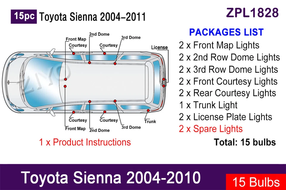 15pcs LED Interior Light Upgrade for Toyota Sienna 2004-2010 White Light Bulbs - Image 2 of 4