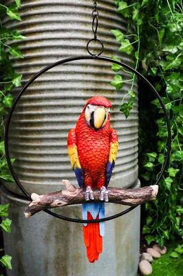 Ebros Hanging Scarlet Macaw Parrot Perching on Branch in Metal Round Ring 13.5''H
