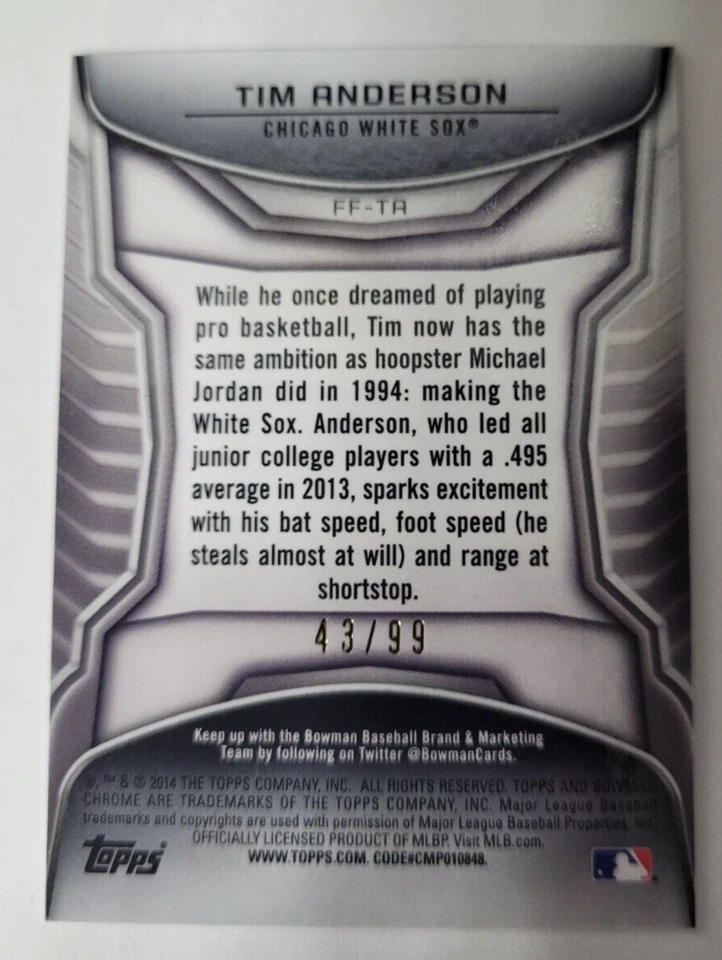 2014 Bowman Chrome Future of the Franchise Mini Blue Refractor Tim Anderson - Image 2 of 2