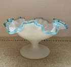 FENTON Milk Glass Pedestal Dish VTG White W/Blue Ruffled Scalloped Edge 6" X 4"
