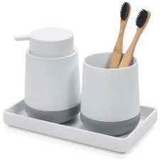 White Bathroom Countertop Accessories Set - Soap Dispenser and Toothbrush Hol...