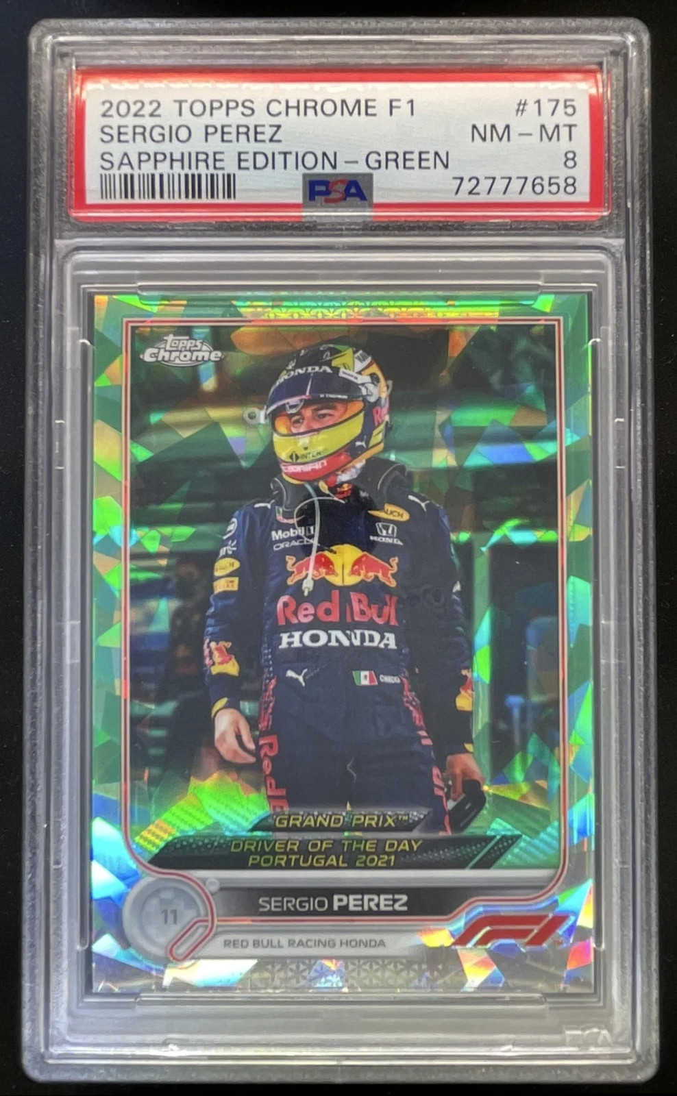 2022 Topps Chrome Sapphire Formula 1 Green #175 Sergio Perez /75 PSA 8