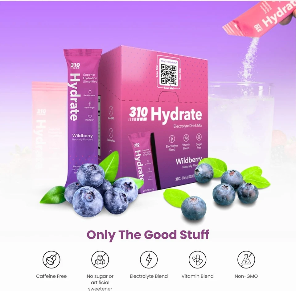 Paquete de 30 polvos electrolitos hidratados 310 hidratados sin azúcar en emocionante fl... Foto 3 de 4