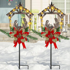 2 Pcs Nativity Scene Outdoor Yard Stakes Metal Christmas Light Decorations LED C