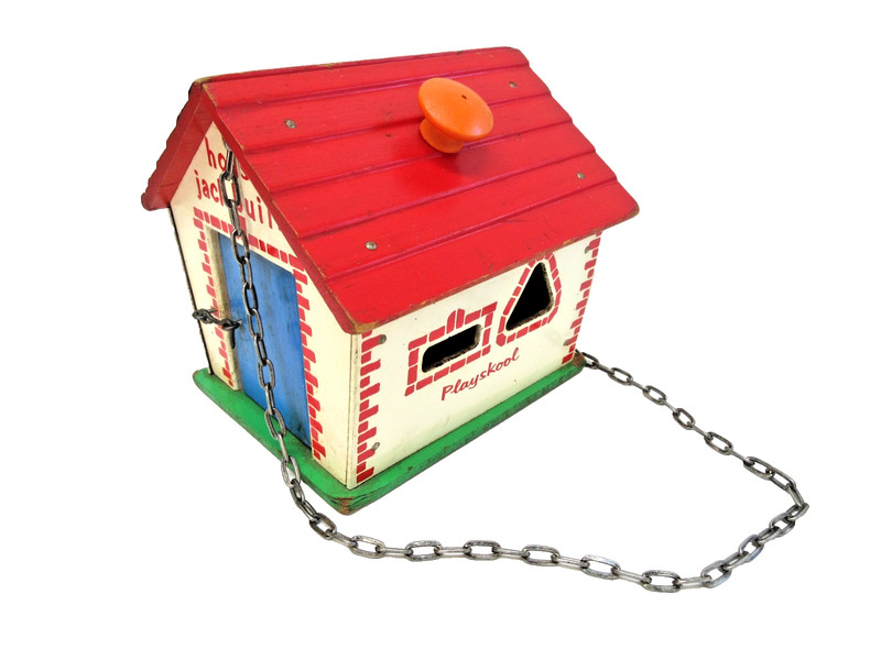 PLAYSKOOL Hanging Birdhouse Vtg MCM Colorful Wood "House Jack Built" Toy Whimsy