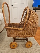 Vintage Brown Wicker Baby Doll Carriage Stroller Buggy Wood Wheels