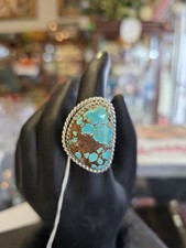 Navajo Din LRP Stamp Sterling 925 Large Free-form Turquoise Ring - 14.1g Size 9