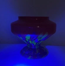 Vintage Czech UV Glow Spatter Orange Yellow Blue Glass Art Deco Candy Dish