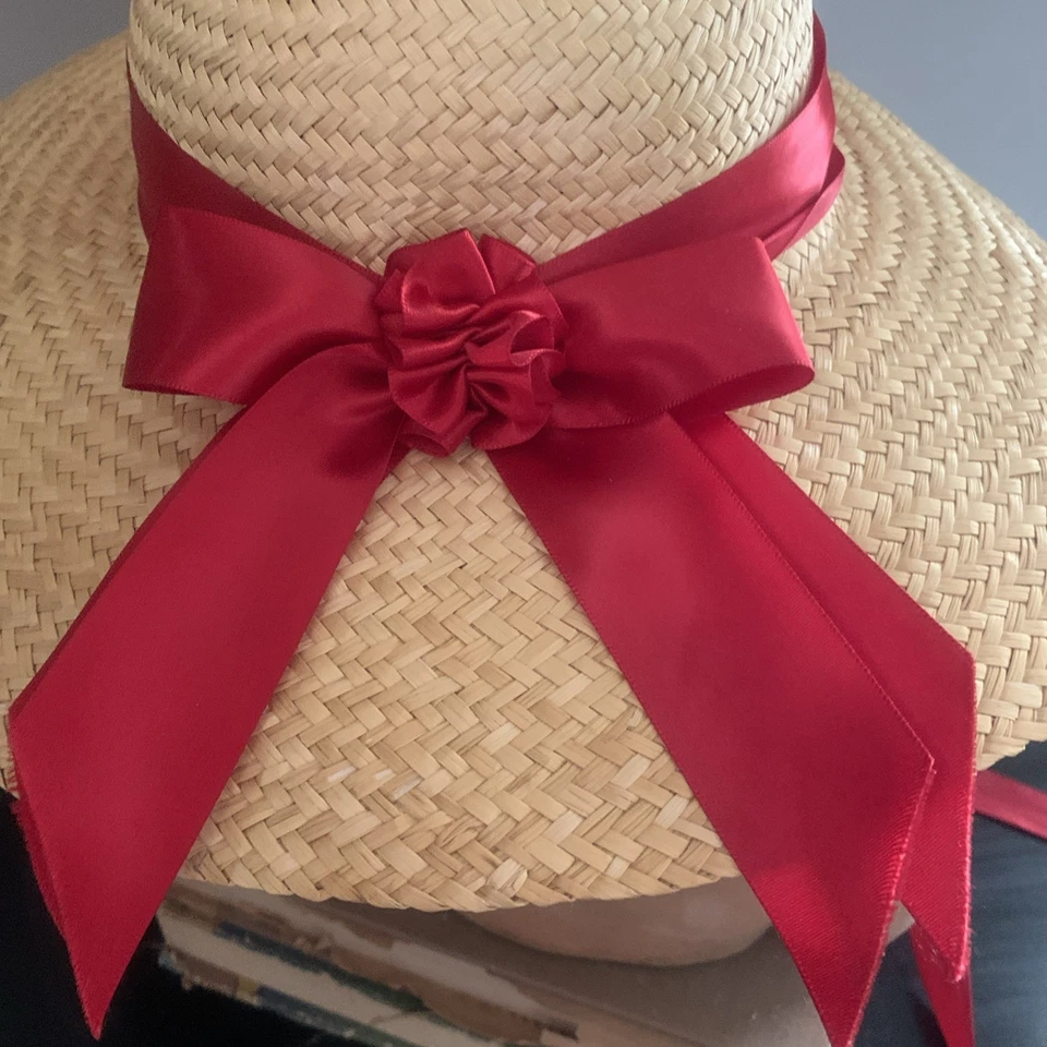 Sombrero de paja de trigo para niños Colonial Williamsburg siglo XVIII cinta corona baja roja Foto 2 de 4