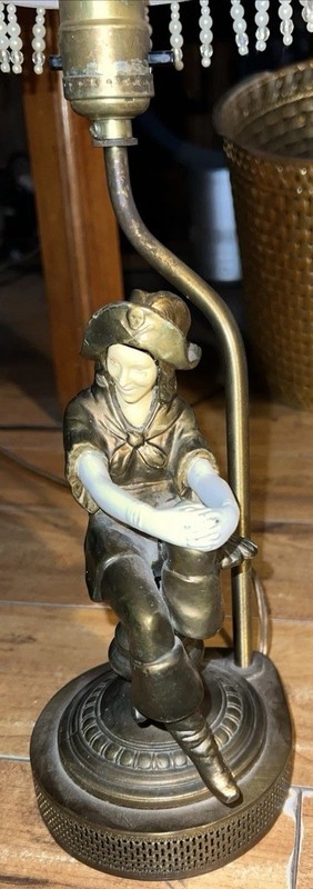 Art Deco La Pirate French Bronze Lamp By J.B. Hirsch With Celluloid Face Arms