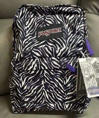 Jansport Superbreak Zebra Print Purple White Backpack School Bag 25L NWT