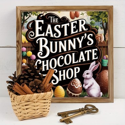 The Easter Bunny's Chocolate Shop Wooden Plaque Retro Rustic Desktop Decoration