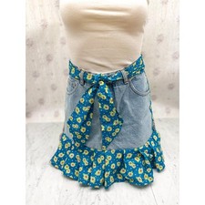 Upcycled Denim Apron with Floral Ruffle   Handmade Retro Cottagecore Kitchen
