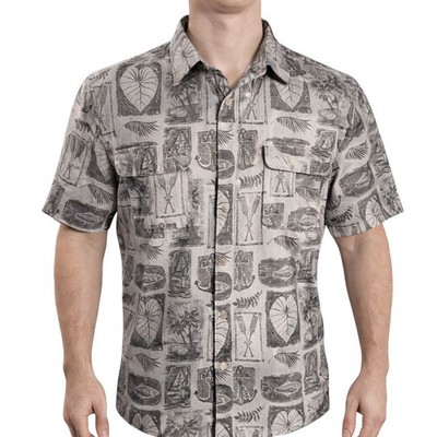 Chaps Hawaiian Aloha Shirt Large Nautical Floral Fish Anchors Oars Boats Brown