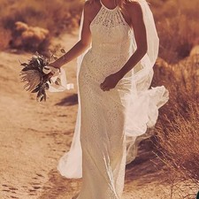 Galina Signature Ivory Lace Halter Boho Wedding Dress WG3883 Size 8 NWT