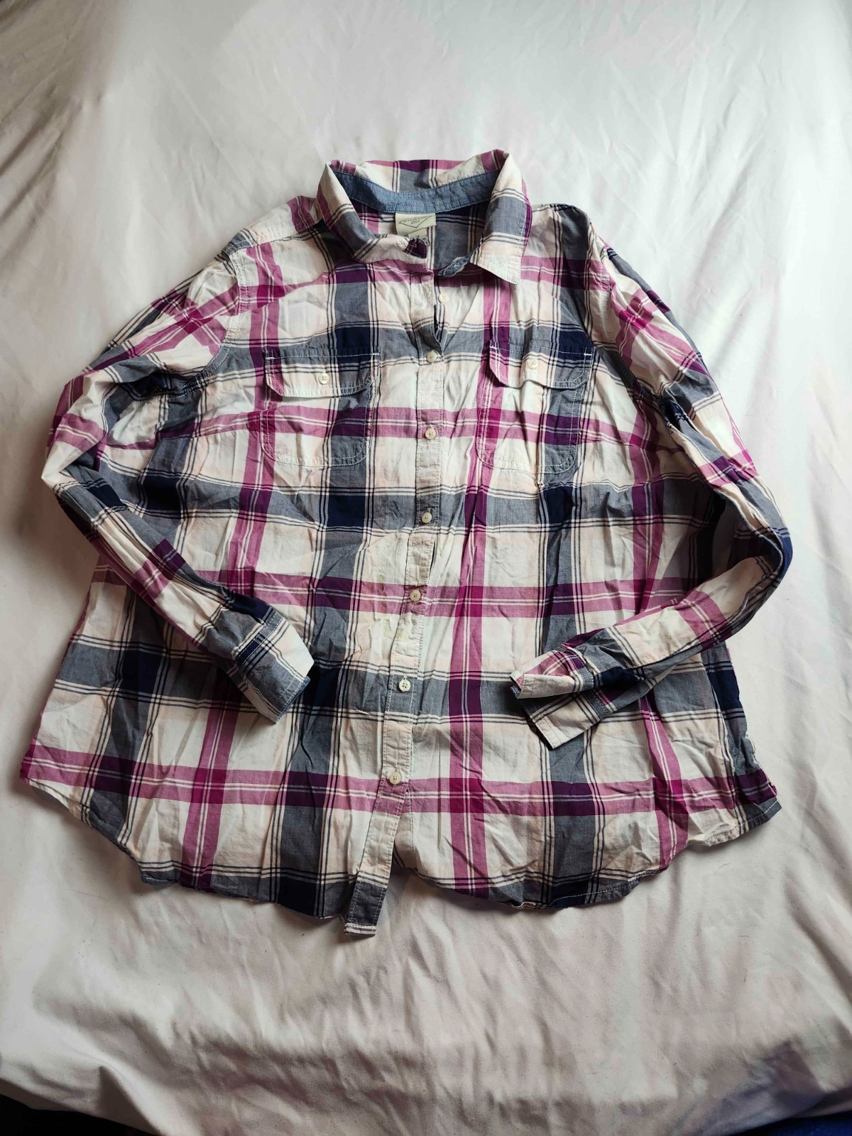 St Johns Bay Shirt Womens Size 1X Purple Plaid Button Up Long Sleeve Casual