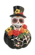 Harry 20578 Sugar Skull Top Hat Pumpkin Tealight Candle Holder Blue Sky Ceramic