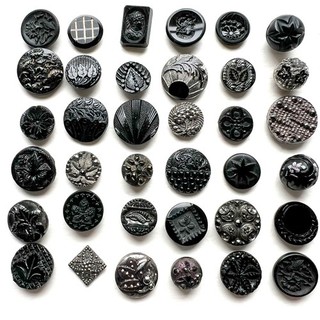 Variety Lot 36 Antique Victorian Black Glass Buttons Some Pictorials 1/2 3/4”
