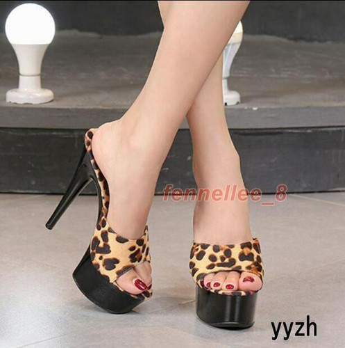 Women's Leopard Print High Heels Peep Toe Slippers Party Summer Casual Sandals - Picture 14 of 23