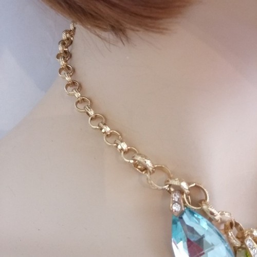NEW Chunky Multi Rainbow Color Gold Gemstone Drop Pendant Statement Necklace Set - Picture 5 of 6
