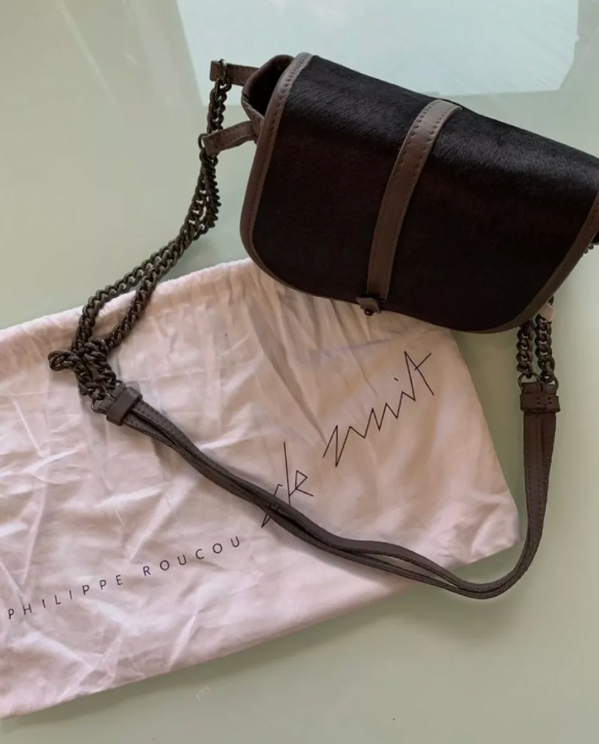 PONY Borsa a catena PHILIPPE ROUCOU designer francese nera grigia pelle capelli di cavallo