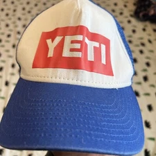 Yeti Blue And White Mesh Trucker Hat Blue Red Logo SPOT