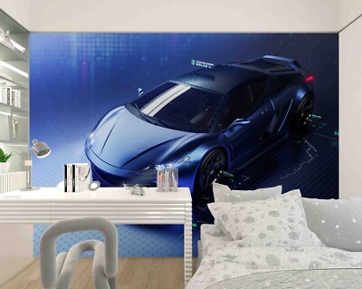 3D Model Car Blue Data Letter Self-adhesive Removeable Wallpaper Wall Mural 1024