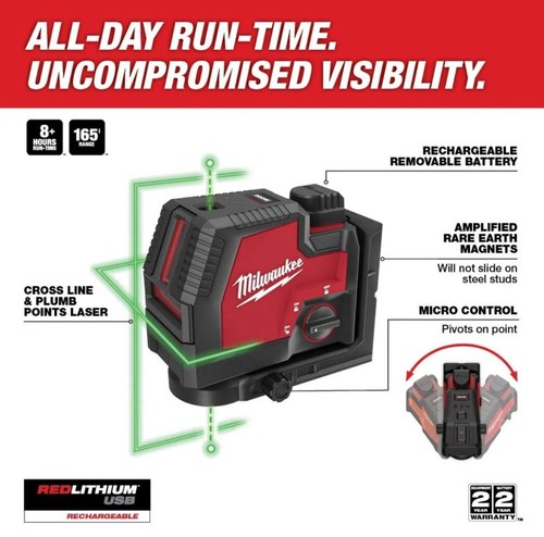 Milwaukee 3522-21 (L4CLLP-301C) Green Cross Line & Plumb Points Laser + case - Picture 3 of 7