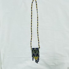 Mini Beaded Purse Necklace Seed Beads Boho Navy Green Gold Geometric Fits Key