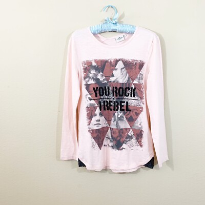 TOM TAILOR Women's Large Pink Graphic Tee ''You Rock I Rebel'' Lace Trim EUC