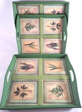 Wood Nesting Trays Set Of 3 NEW Breakfast Cut Out Handles Green Nature Herbs