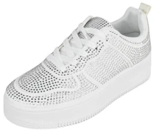 Top MODA Women Platform Sneakers Crystals Rhinestone Bling Lace Up BOSTON1 White